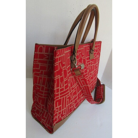 Diane Von Furstenberg Tote Bag Large Red Monogram Weekend Travel Canvas Leather - Picture 5 of 8